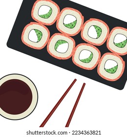 Vector background with sushi rolls soy sauce and chopsticks