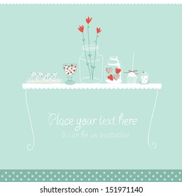 Vector background with sweets, hearts, and jar with flowers