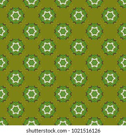 Vector background - symmetric seamless pattern design in green, white and gray tones. Geometric kaleidoscope mandala.