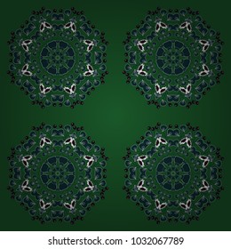 Vector background - symmetric seamless pattern design in black, white and green tones. Geometric kaleidoscope mandala.