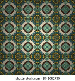 Vector background - symmetric seamless pattern design in brown, blue and beige tones. Geometric kaleidoscope mandala.