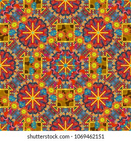 Vector background - symmetric seamless pattern design in blue, orange and pink tones. Geometric kaleidoscope mandala.