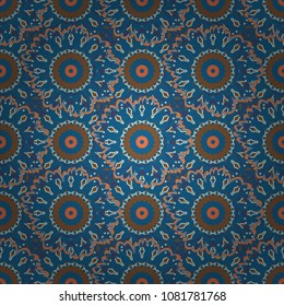 Vector background - symmetric seamless pattern design in red, blue and brown tones. Geometric kaleidoscope mandala.