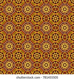 Vector background - symmetric seamless pattern design in yellow, brown and red tones. Geometric kaleidoscope mandala.