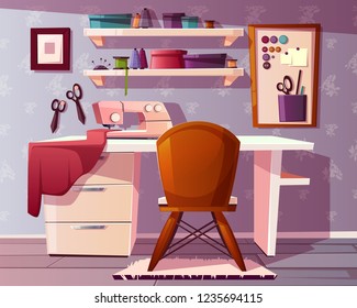 Vector background of tailor room, handicraft or needlework area. Studio of a seamstress with a sewing machine, tools and furniture. Dressmaker place, designer of clothes. Fashion, craft concept.