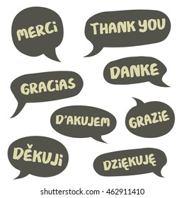 Vector background - talk bubbles with handwritten thnak you in English, German, French, Spanish, Italian, Polish and Czech - "Thank you", "Danke", "Gracias", "Grazie", "Merci" etc. Retro style. Eps 10