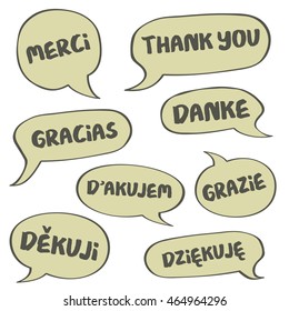 Vector background - talk bubbles with handwritten thnak you in English, German, French, Spanish, Italian, Polish and Czech - "Thank you", "Danke", "Gracias", "Grazie", "Merci" etc. Retro style. Eps 10