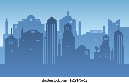 Vector background of tall buildings in a city with blue and bright sky