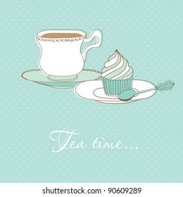 Vector background with tea cup and cupcake illustration