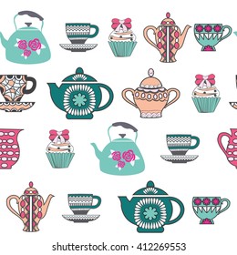 Vector Background of Tea Time ,Tea cups, pots  and  Cupcake hand drawn .Pattern Collection with a tea pot, tea cup, jars, cupcake In vintage style.