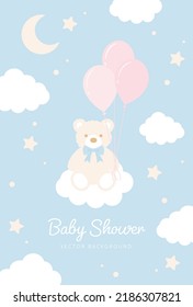 vector background with a teddy bear with balloons in the sky for banners, baby shower cards, flyers, social media wallpapers, etc.