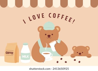 fondo vectorial con un personal de café oso de peluche haciendo café para carteles, tarjetas, afiches, fondos de pantalla de medios sociales, etc.