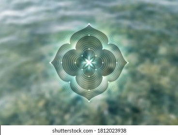 Vector background, template of banner, poster, cover and etc. for yoga, meditation and relax. Spiritual sacred geometry on blurred backdrop with seawater. Classical oriental mandala in modern style.