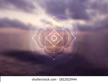 Vector background, template of banner, poster, cover and etc. for yoga, meditation and relax. Spiritual sacred geometry on blurred backdrop with sunrise. Classical oriental mandala in modern style. 