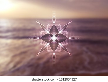 Vector background, template of banner, poster, cover and etc. for yoga, meditation and relax. Spiritual sacred geometry on blurred backdrop with sea water. Abstract magic decorative floral mandala.