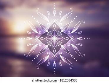 Vector background, template of banner, poster, cover and etc. for yoga, meditation and relax. Spiritual sacred geometry on blurred backdrop with sea water. Abstract magic decorative floral mandala.