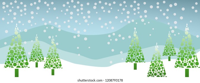  Vector background template forhappy New Year designs. Horizontal card with forest trees, snow, and mountain