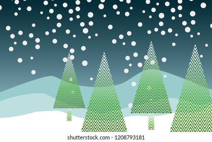  Vector background template for happy New Year design. Horizontal card with  trees, snow, and mountain