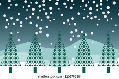  Vector background template for  happy New Year design. Horizontal card with  trees, snow, and mountain