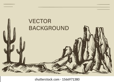 Vector background template landscape Arizona, America. Mountains and cacti. Space for text.