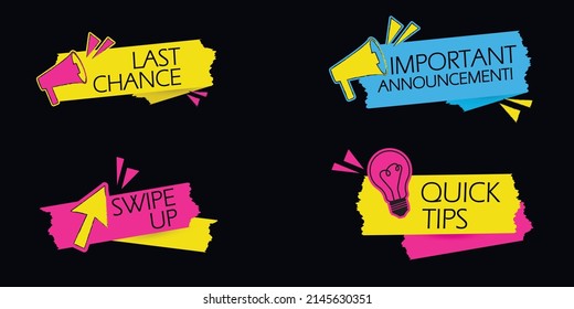 Vector Background Template With Megaphone And Text Last Chance Announcement, Swipe Up, Quick Tips. Instagram Social Media Sticker, Web Button. Icon Of News, Advertisement, Subscription For E Commerce