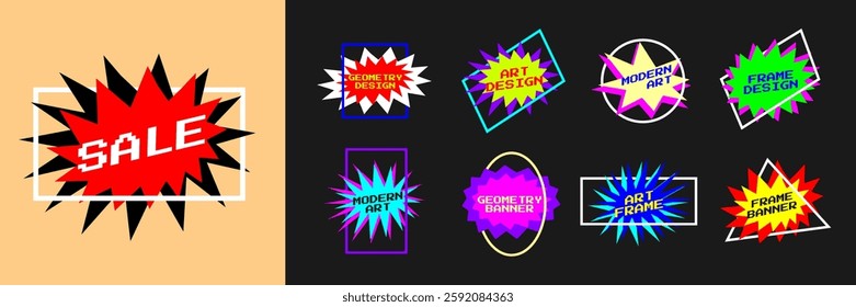 Vector background for text. Banners set y2k style. Isolated polygonal stars color frame. Element for design poster, cover, invitation, gift card, flyer, social media, promotion. Retro futuristism