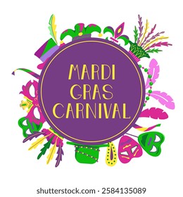 Vector background with text in circle with elements for Mardi Gras carnival. Bright Images of masks, feathers, hats and beads with confetti for design and logos. Colorful elements of party outfits