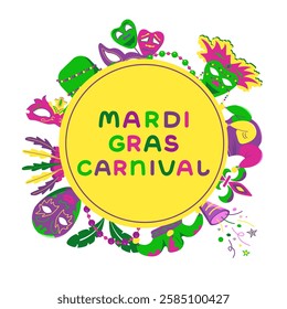 Vector background with text in a circle with elements for Mardi Gras carnival. Colored Images of masks, hats with feathers and beads for design and logos. Colorful elements of party outfits