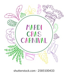 Vector background with text in a circle with elements for Mardi Gras carnival in doodle style. Image of masks, hats with feathers and beads for logos. Colorful elements of party outfits