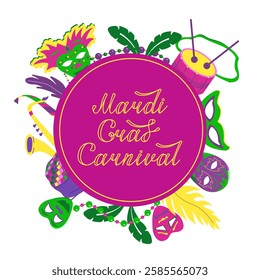 Vector background with text in a circle with elements for Mardi Gras carnival. Bright Images of masks, feathers, hats and beads with drums for design and logos. Colorful elements of party outfits