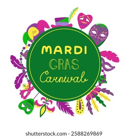 Vector background with text in a circle with elements for Mardi Gras carnival. Bright Images of masks, feathers, hats and beads for design and logos. Colorful elements of party outfits