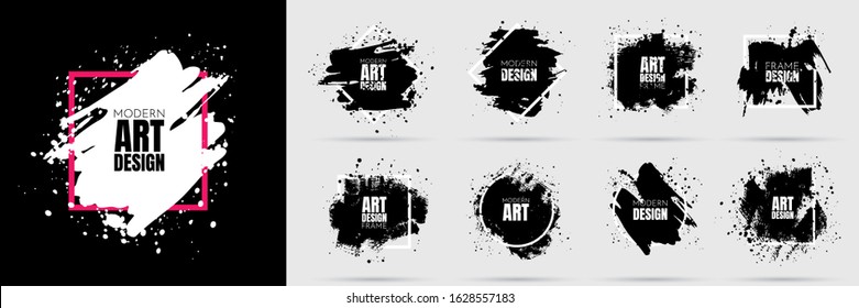 Vector background for text. Grunge banners set. Black paint. Brush ink stroke. Isolated square white frame. Element for design poster, cover, invitation, gift card, flyer, social media, promotion. 