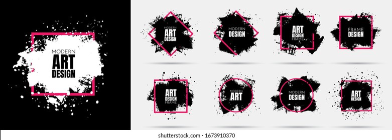Vector background for text. Grunge banners set. Black paint. Brush ink stroke. Isolated square white frame. Element for design poster, cover, invitation, gift card, flyer, social media, promotion.