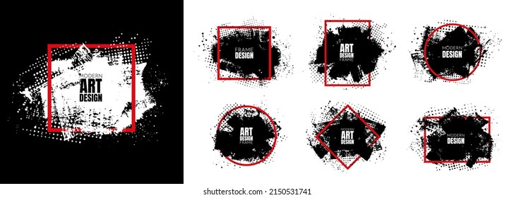 Vector background for text. Grunge banners set. Black paint. Brush ink stroke. Isolated square red frame. Element for design poster, cover, invitation, gift card, flyer, social media, promotion