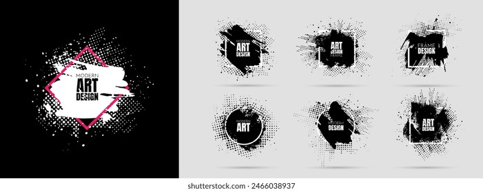 Vector background for text. Grunge banners set. Black paint. Brush ink stroke with halftone dots. Element for design poster, frame, cover, invitation, gift card, flyer, social media, promotion.