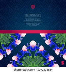 Vector background for text with a pattern of oriental iris flowers and Japanese embroidery