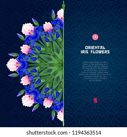 Vector background for text with a round pattern of iris flowers. Oriental style