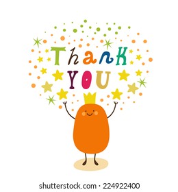 Vector background with text "Thank you", abstract cartoon characters and stars. Funny cute card with hand written phrase.