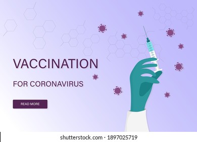 Vector background with text Vaccination for coronavirus. Flat illustration. Coronavirus vaccine vector background. Covid-19 corona virus vaccination with a hand and syringe. Covid19 immunization. 