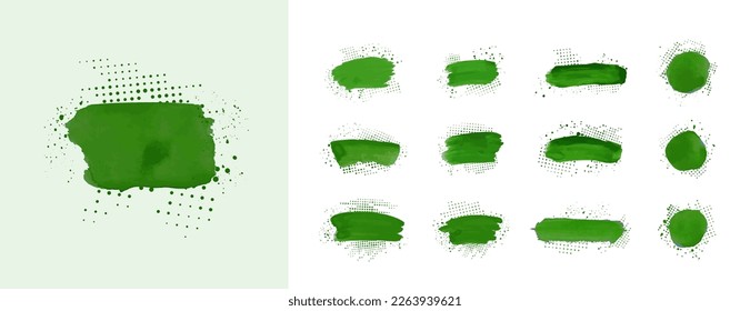 Vector background for text. Watercolor banners set. Green brush ink stroke. Isolated square gold frame. Element for design poster, cover, invitation, card, flyer, social media. Eco friendly design