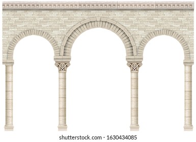 Vector background or texture. An ancient arcade made of stone columns or the wall of a palace castle.
