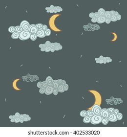 Vector background  texture with clouds and moons on dark blue sky cartoon.