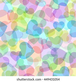 Vector background, texture, seamless pattern with colored transparent hearts