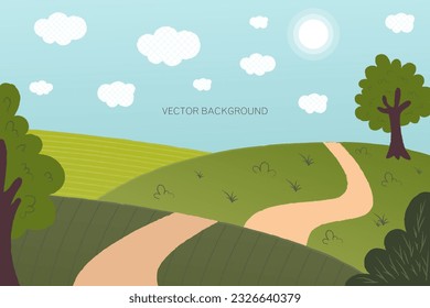 Vektorhintergrund mit Textur. Sommerlandschaft. Natürliches Panorama, Horizont. Feld, Baum, Sonne, Wolken. Sonniges Wetter, grünes Gras. Bannerdesign.