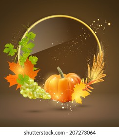 Vector background for Thanksgiving Day with apples, ears of wheat, grapes, apple