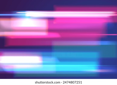 A vector background that enlivens the glitch effect with bright light lines, neon blue and pink colors and creates a sense of chaos of modern technology.