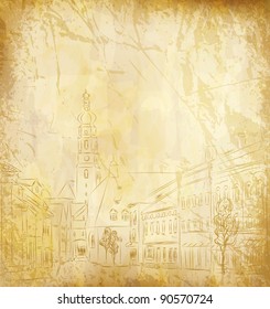 vector background (the old paper with a painted old town)