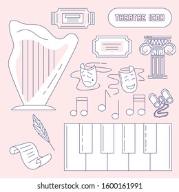 Vector  background with theater symbols, capital column, comedy and tragedy masks, curtains, lyre, piano,ballerina, opera singer,binoculars , hand drawn, doodle, feather, scroll, tickets. Set icon.