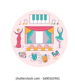 Vector  background with theater symbols, theatrical stage, comedy and tragedy masks, curtains, lyre, piano,ballerina, opera singer,binoculars , hand drawn, doodle, feather, scroll, tickets. Set icon.