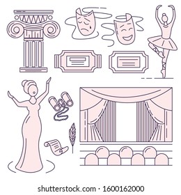 Vector  background with theater symbols, theatrical stage, comedy and tragedy masks, curtains, lyre, piano,ballerina, opera singer,binoculars , hand drawn, doodle, feather, scroll, tickets. Set icon.